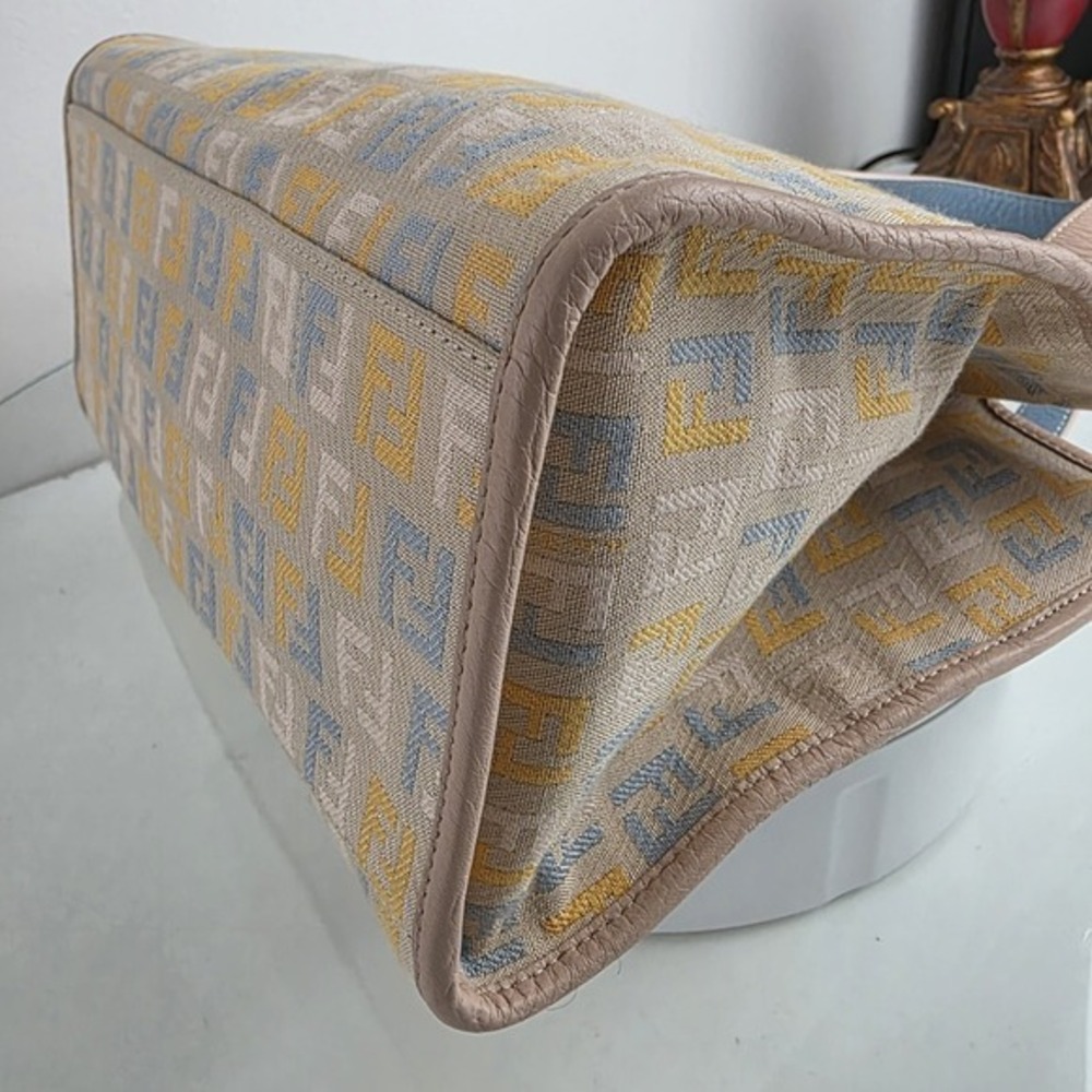 FENDI Zucchino Canvas Small  Shopping Handbag Tote Beige Blue Yellow Dustbg Rare - Picture 9 of 17